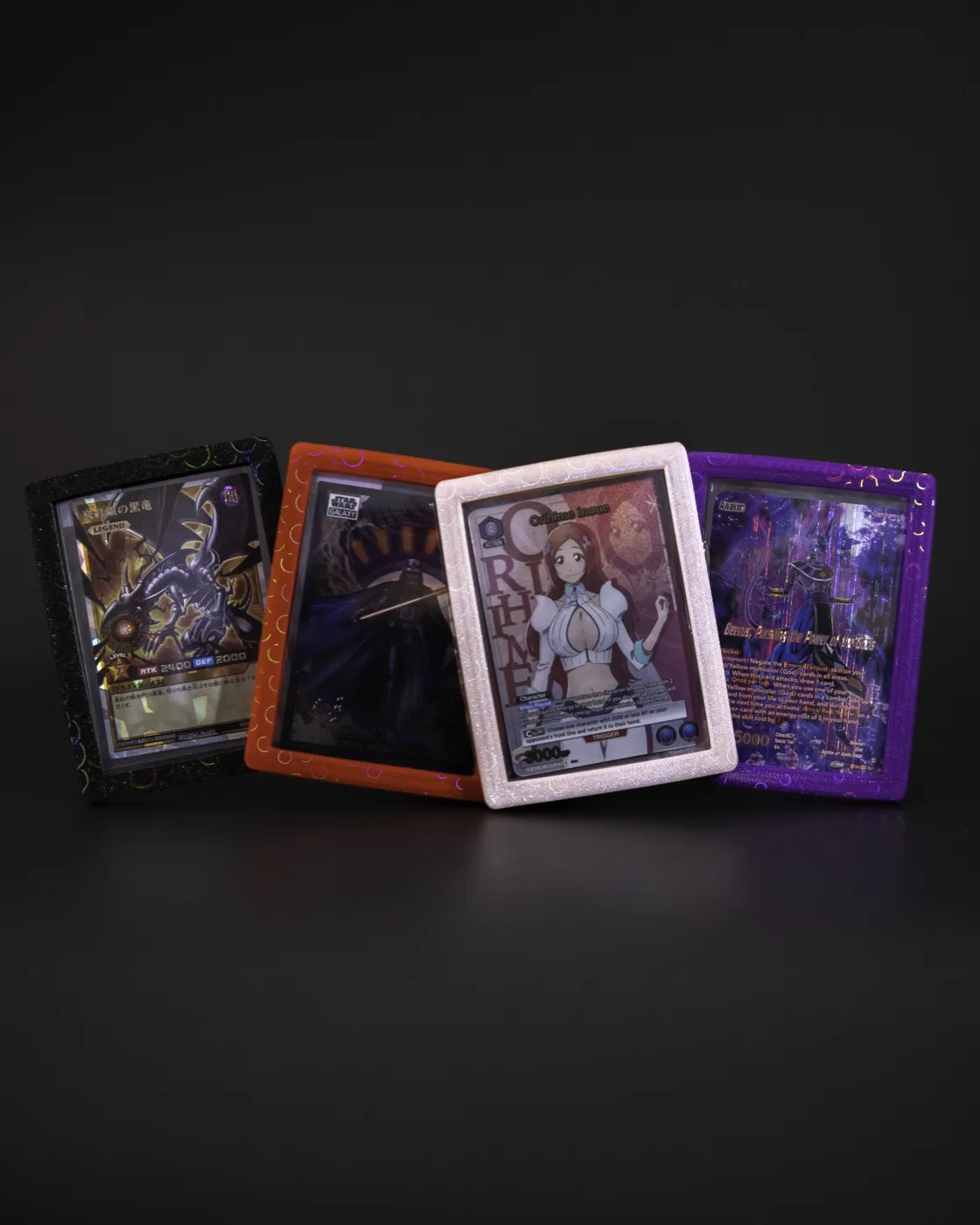 A display of colorful framed trading cards, photographed by NG Studios
